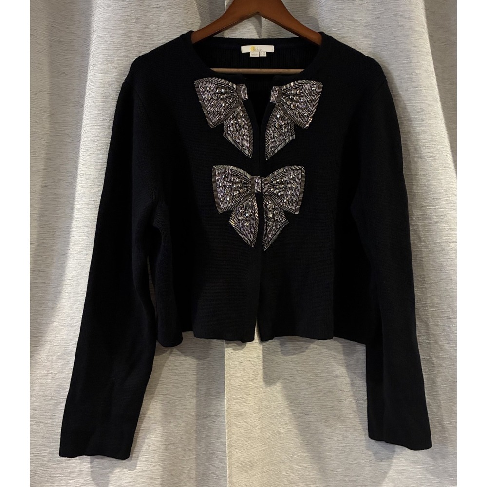 Boden Black Embellished Bow Cardigan Sweater Knit Jacket K0671 Womens 14